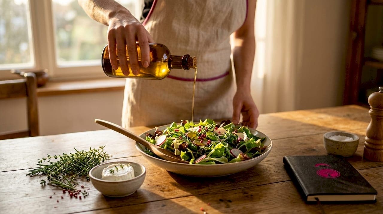 Azeite a ser vertido sobre uma salada numa mesa de madeira